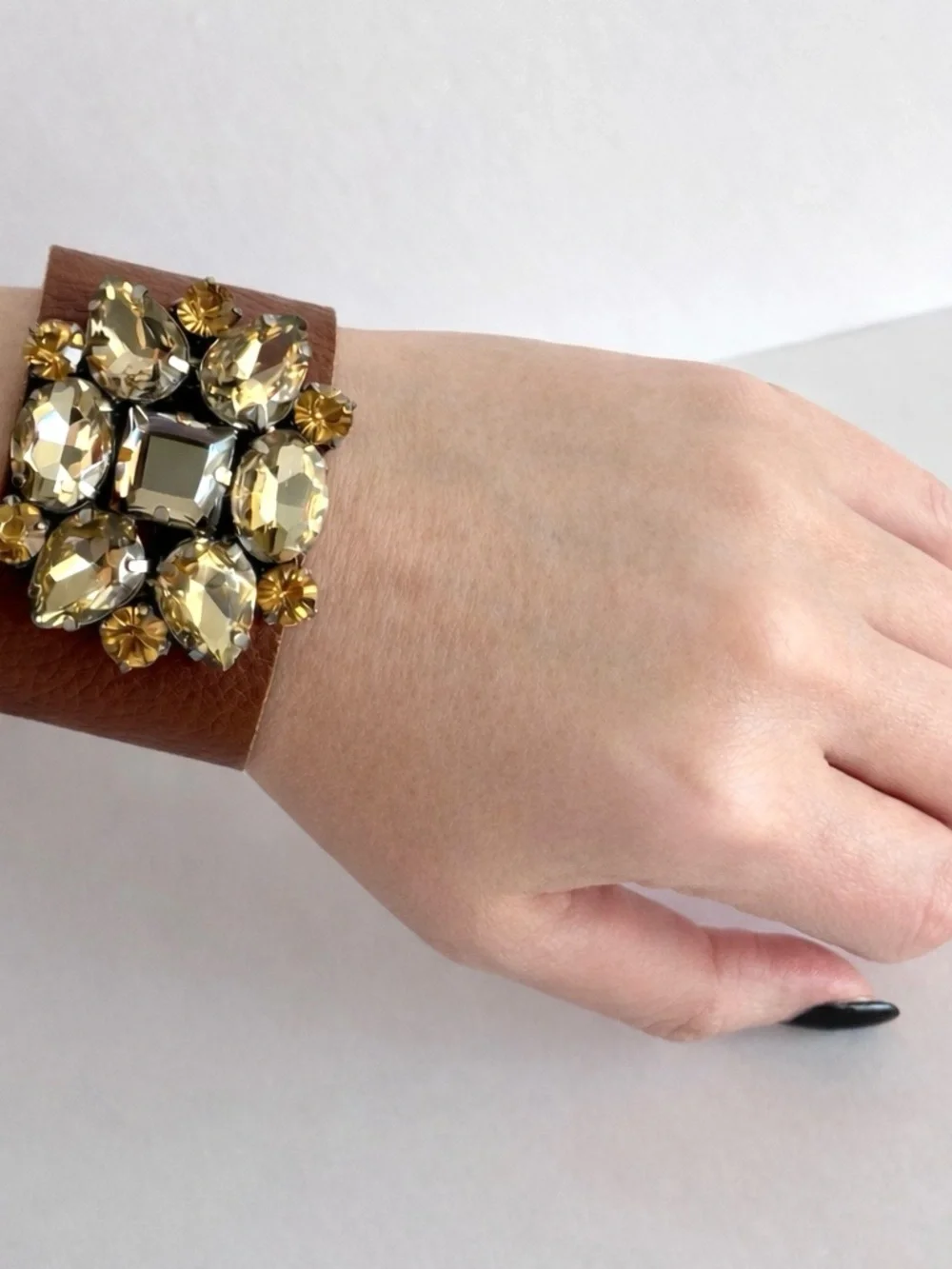 Statement Rhinestone Leather Cuff Bracelet Champagne Crystal Wide Cuff